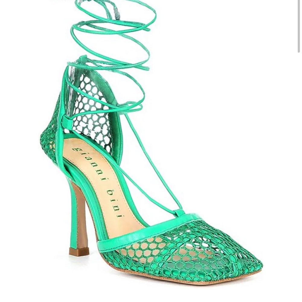 Mesh And Leather Ankle Wrap Square Toe Pumps